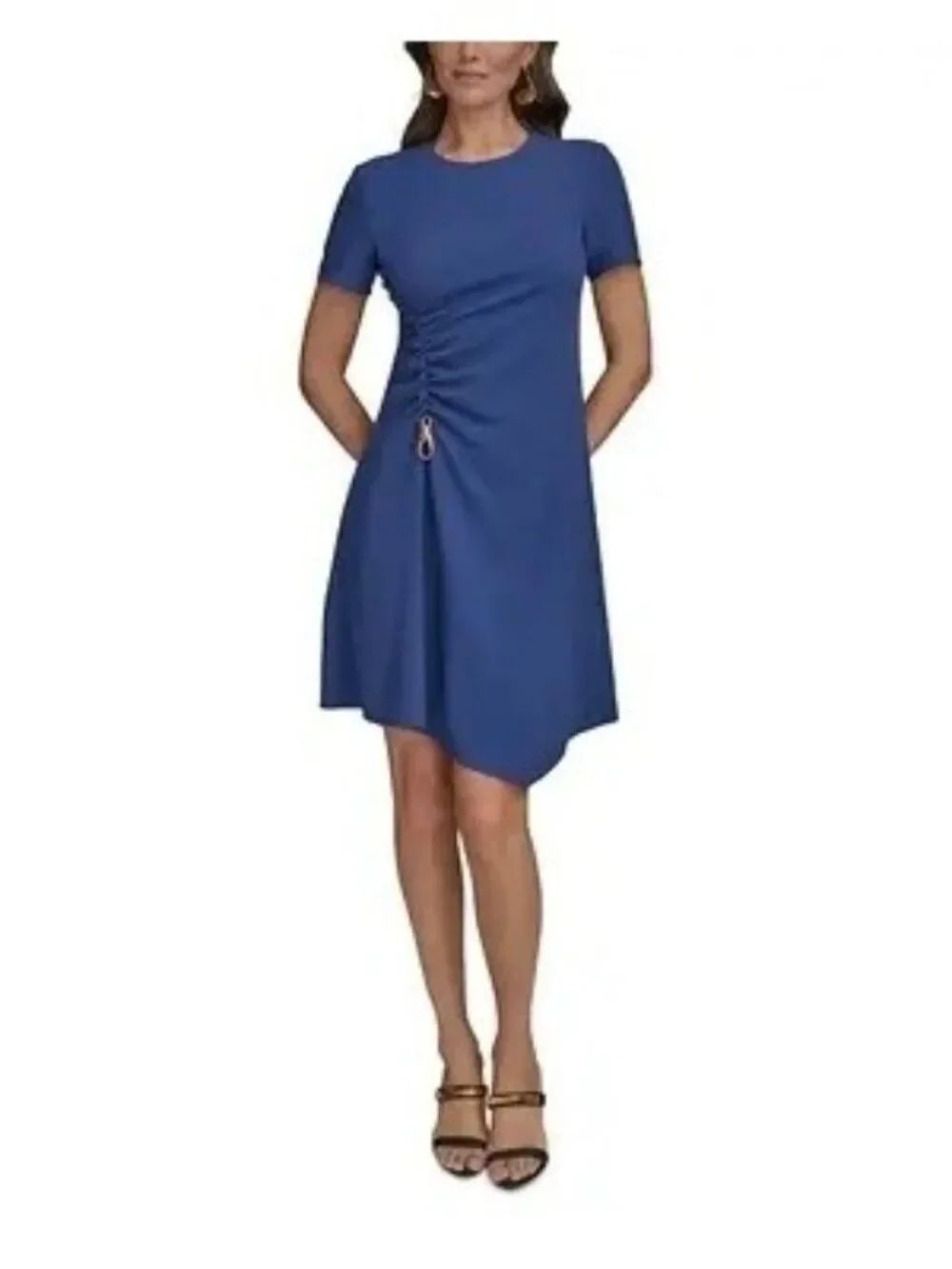 Donna Karen Blue Short Sleeve Side Ruched Hardware-Trim Crepe Dress Size 6